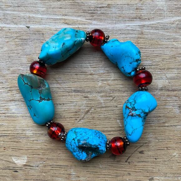Chunky Turquoise Nugget Stretch Bracelet Bohemian Western Boho Southwestern - Picture 2 of 4